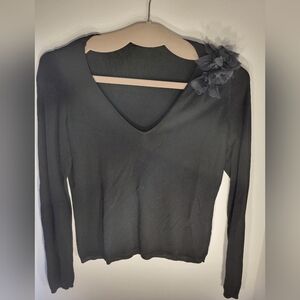 Valentino Black Sheer Knit Top with Shoulder Floral Detail – Size L